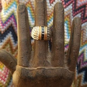 Cubic Zirconia black onyx 2 tone gold silver ring